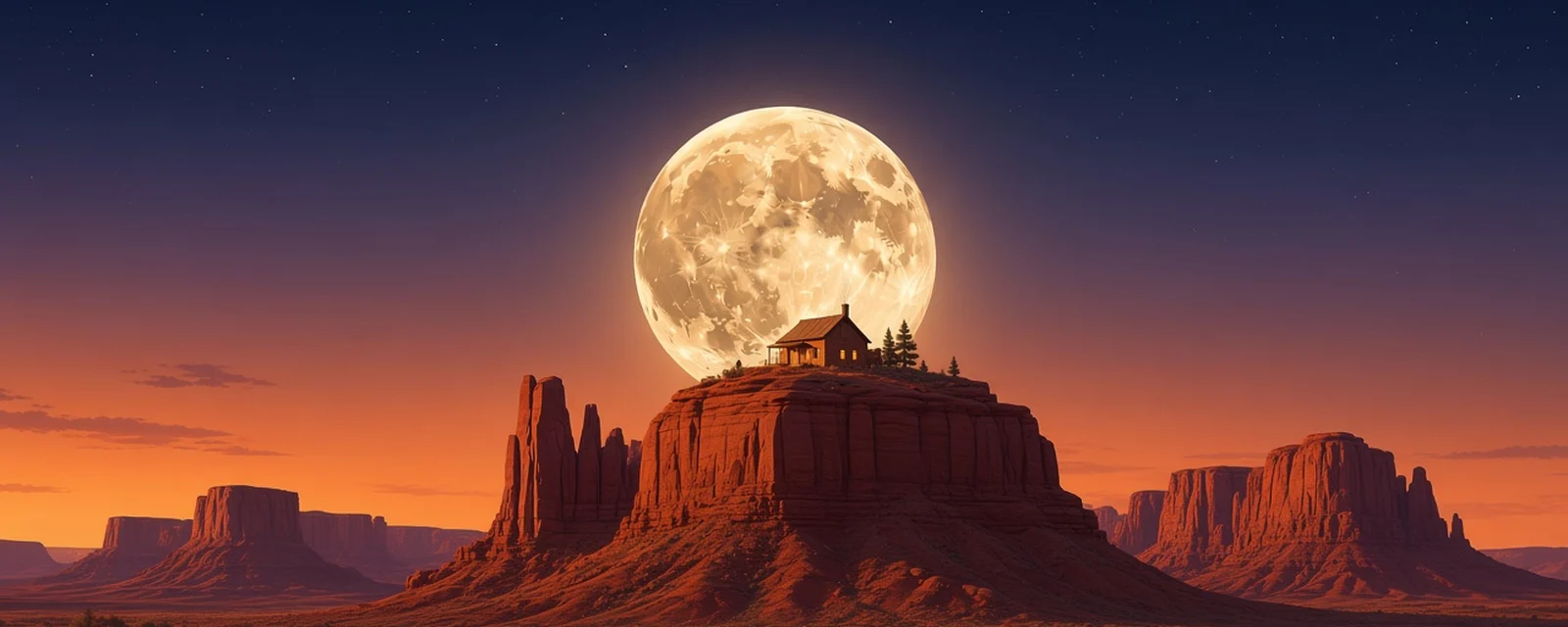 A big gold moon behind a mesa with a cabin and pines, like the Mesa & Moon logo