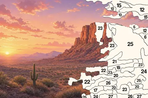 A desert mesa painting half revealed from a paint-by-number grid